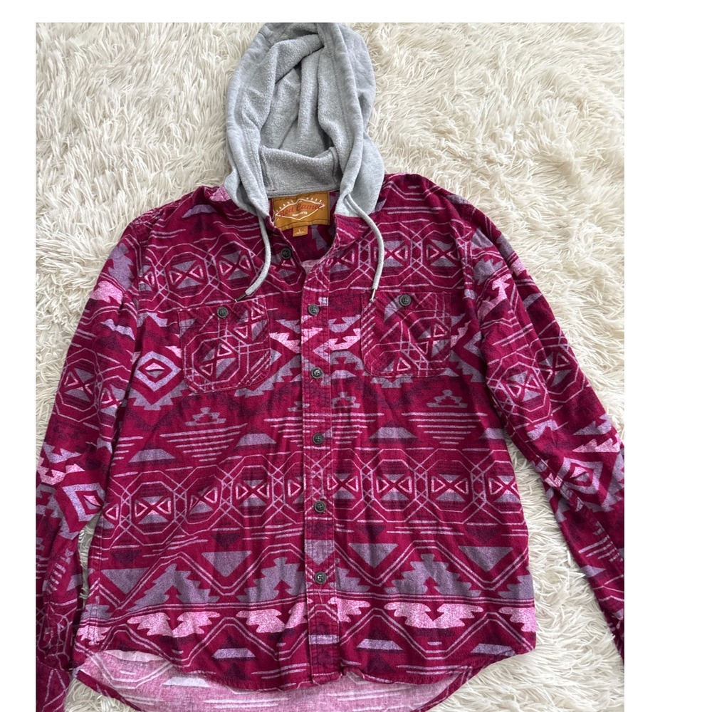 Red Camel Burgundy Aztec Print Flannel Southwestern Hooded Shirt Womens Sizeโ L